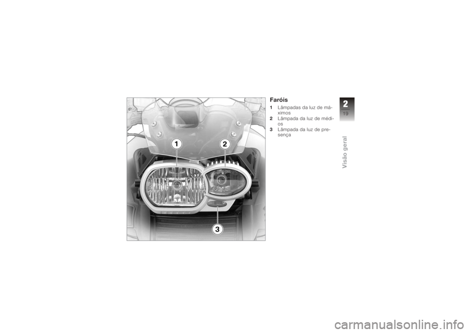 BMW MOTORRAD K 1200 R 2008 Manual do condutor (in Portuguese) Faróis1Lâmpadas da luz de má-
ximos
2 Lâmpada da luz de médi-
os
3 Lâmpada da luz de pre-
sença
219zVisão geral BMW MOTORRAD K 1200 R 2008 Manual do condutor (in Portuguese) Faróis1Lâmpadas da luz de má-
ximos
2 Lâmpada da luz de médi-
os
3 Lâmpada da luz de pre-
sença
219zVisão geral