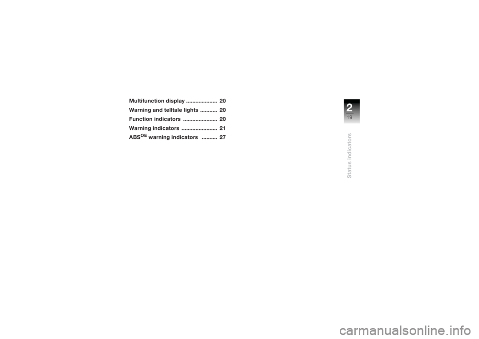 BMW MOTORRAD K 1200 R 2004  Riders Manual (in English) 219Status indicators
Multifunction display ....................  20
Warning and telltale lights  ...........  20
Function indicators  ......................  20
Warning indicators  ...................