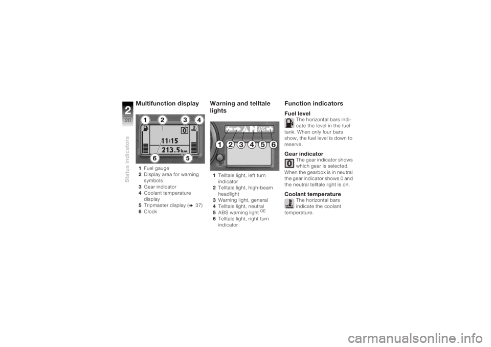 BMW MOTORRAD K 1200 R 2004  Riders Manual (in English) Status indicators220
Multifunction display 1Fuel gauge 
2 Display area for warning 
symbols
3 Gear indicator
4 Coolant temperature 
display
5 Tripmaster display (
b
37)
6 Clock
Warning and telltale 
l