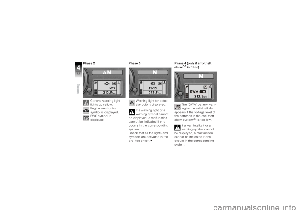 BMW MOTORRAD K 1200 R 2004  Riders Manual (in English) Riding458
Phase 2General warning light 
lights up yellow.
Engine electronics 
symbol is displayed.
EWS symbol is 
displayed. Phase 3
Warning light for defec-
tive bulb is displayed.
If a warning light