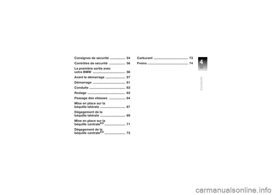 BMW MOTORRAD K 1200 R 2004  Livret de bord (in French) 453Conduite
Consignes de sécurité  .................  54
Contrôles de sécurité  ..................  56
La première sortie avec 
votre BMW  ....................................  56
Avant le déma