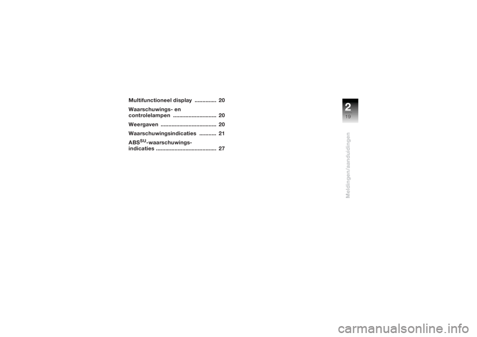 BMW MOTORRAD K 1200 R 2004  Handleiding (in Dutch) 219Meldingen/aanduidingen
Multifunctioneel display  ..............  20
Waarschuwings- en 
controlelampen ............................  20
Weergaven ....................................  20
Waarschuwin