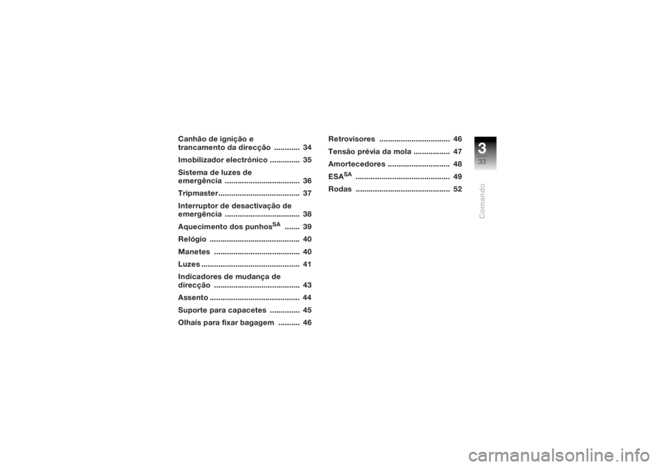 BMW MOTORRAD K 1200 R 2004  Manual do condutor (in Portuguese) 333Comando
Canhão de ignição e 
trancamento da direcção  ............  34
Imobilizador electrónico ..............  35
Sistema de luzes de 
emergência ...................................  36
Tri