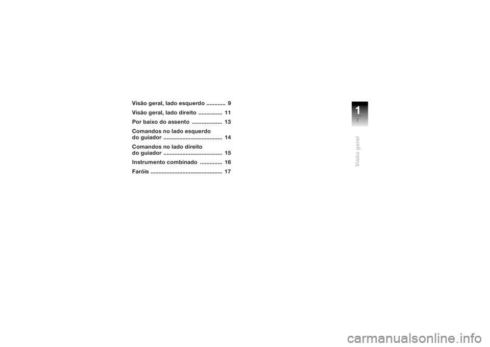 BMW MOTORRAD K 1200 R 2004  Manual do condutor (in Portuguese) 17Visão geral
Visão geral, lado esquerdo ............  9
Visão geral, lado direito  ...............  11
Por baixo do assento  ...................  13
Comandos no lado esquerdo 
do guiador  ........
