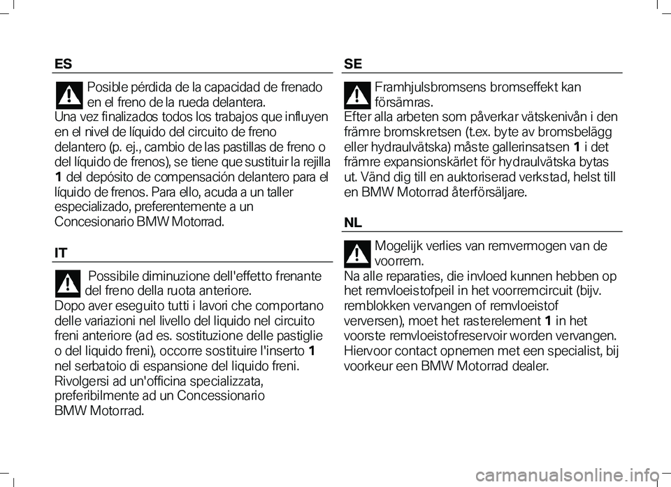 BMW MOTORRAD K 1300 R 2012 Instruktionsbok (in Swedish) ES
Posible pérdida de la capacidad de frenado
en el freno de l a rueda del antera.
Una vez finalizados todos los trabajos que influyen
en el ni vel de l íqui do del ci rcui to de freno
dela BMW MOTORRAD K 1300 R 2012 Instruktionsbok (in Swedish) ES
Posible pérdida de la capacidad de frenado
en el freno de l a rueda del antera.
Una vez finalizados todos los trabajos que influyen
en el ni vel de l íqui do del ci rcui to de freno
dela