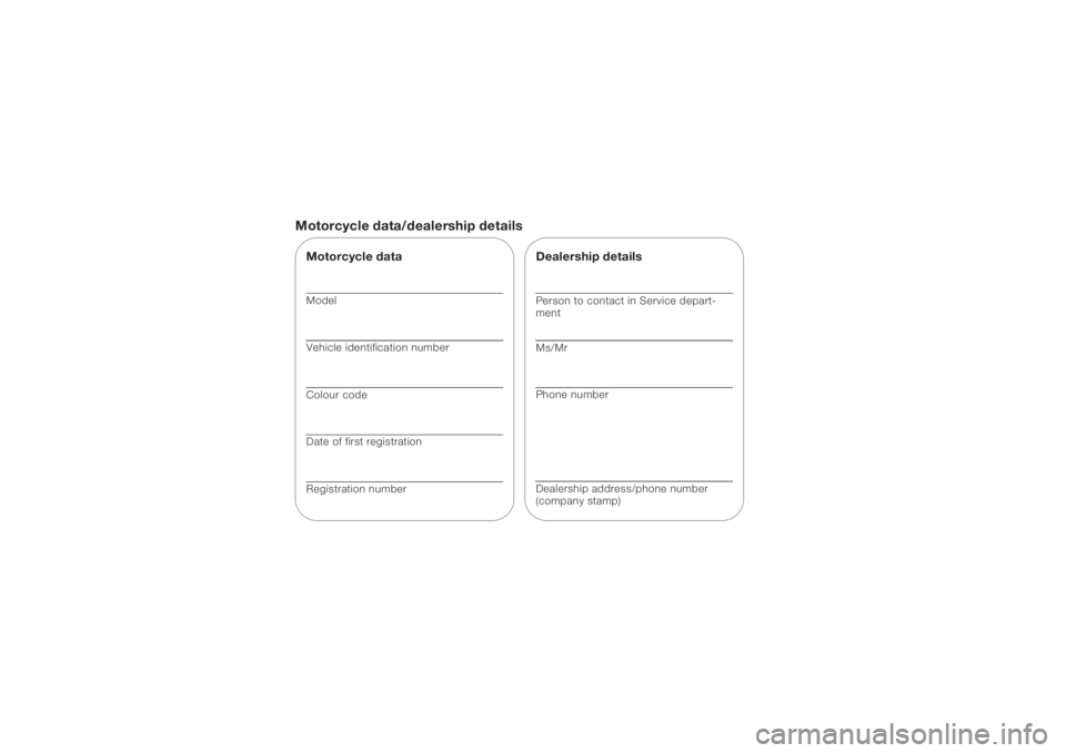 BMW MOTORRAD K 1200 S 2006  Riders Manual (in English) Motorcycle data/dealership detailsMotorcycle dataModel
Vehicle identification number
Colour code
Date of first registration
Registration number
Dealership detailsPerson to contact in Service depart-
m