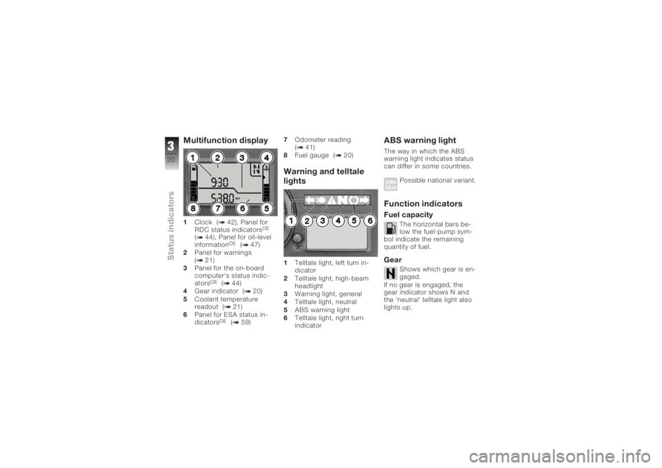 BMW MOTORRAD K 1200 S 2006  Riders Manual (in English) Multifunction display1Clock ( 42), Panel for
RDC status indicators
OE
( 44), Panel for oil-level
information
OE
( 47)
2 Panel for warnings
( 21)
3 Panel for the on-board
computer's status indic-
a