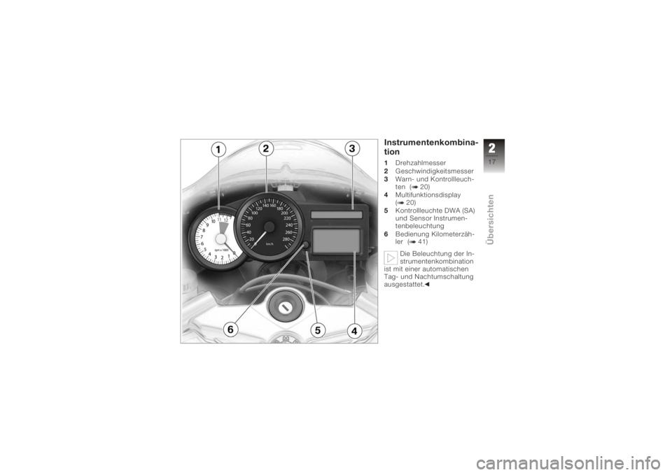 BMW MOTORRAD K 1200 S 2006 Betriebsanleitung (in German) Instrumentenkombina-
tion1 Drehzahlmesser
2 Geschwindigkeitsmesser
3 Warn- und Kontrollleuch-
ten ( 20)
4 Multifunktionsdisplay
( 20)
5 Kontrollleuchte DWA (SA)
und Sensor Instrumen-
tenbeleuchtung
6 BMW MOTORRAD K 1200 S 2006 Betriebsanleitung (in German) Instrumentenkombina-
tion1 Drehzahlmesser
2 Geschwindigkeitsmesser
3 Warn- und Kontrollleuch-
ten ( 20)
4 Multifunktionsdisplay
( 20)
5 Kontrollleuchte DWA (SA)
und Sensor Instrumen-
tenbeleuchtung
6