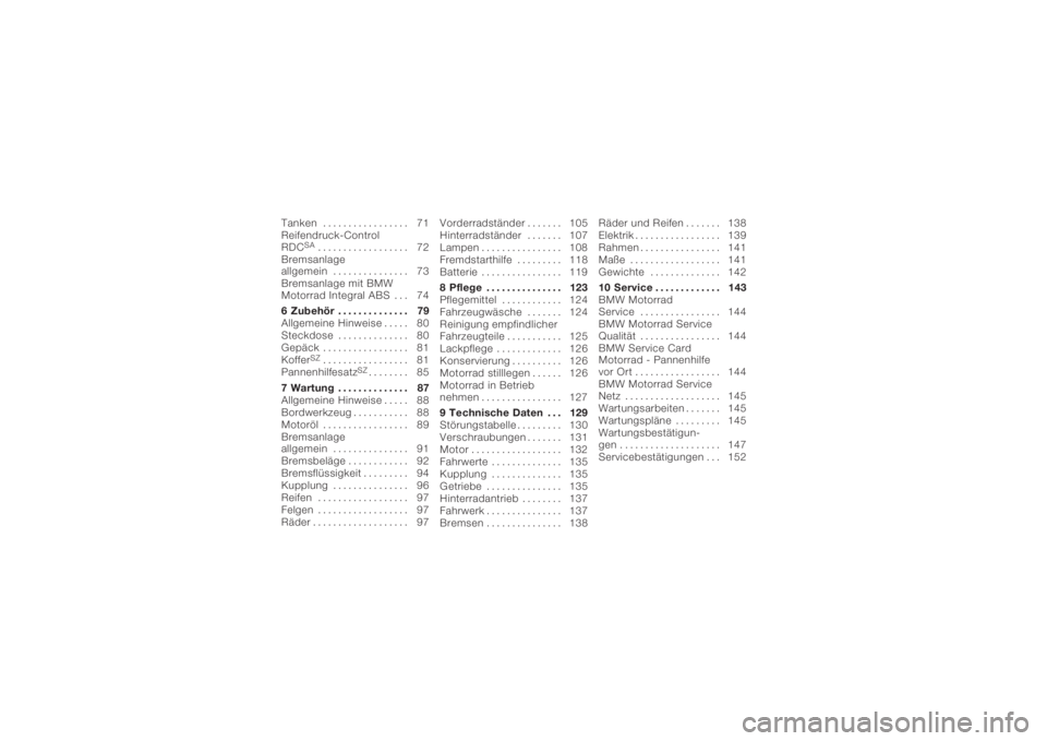 BMW MOTORRAD K 1200 S 2006  Betriebsanleitung (in German) Tanken................. 71
Reifendruck-Control
RDC
SA
.................. 72
Bremsanlage
allgemein . . . . . .......... 73
Bremsanlage mit BMW
Motorrad Integral ABS . . . 74
6 Zubehör . . . . ........