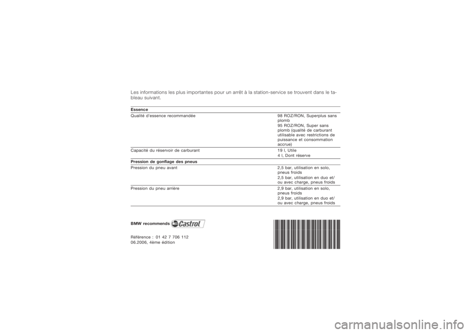 BMW MOTORRAD K 1200 S 2006  Livret de bord (in French) Les informations les plus importantes pour un arrêtàla station-service se trouvent dans le ta-
bleau suivant.Essence
Qualité d'essence recommandée 98 ROZ/RON, Superplus sans
plomb
95 ROZ/RON, 