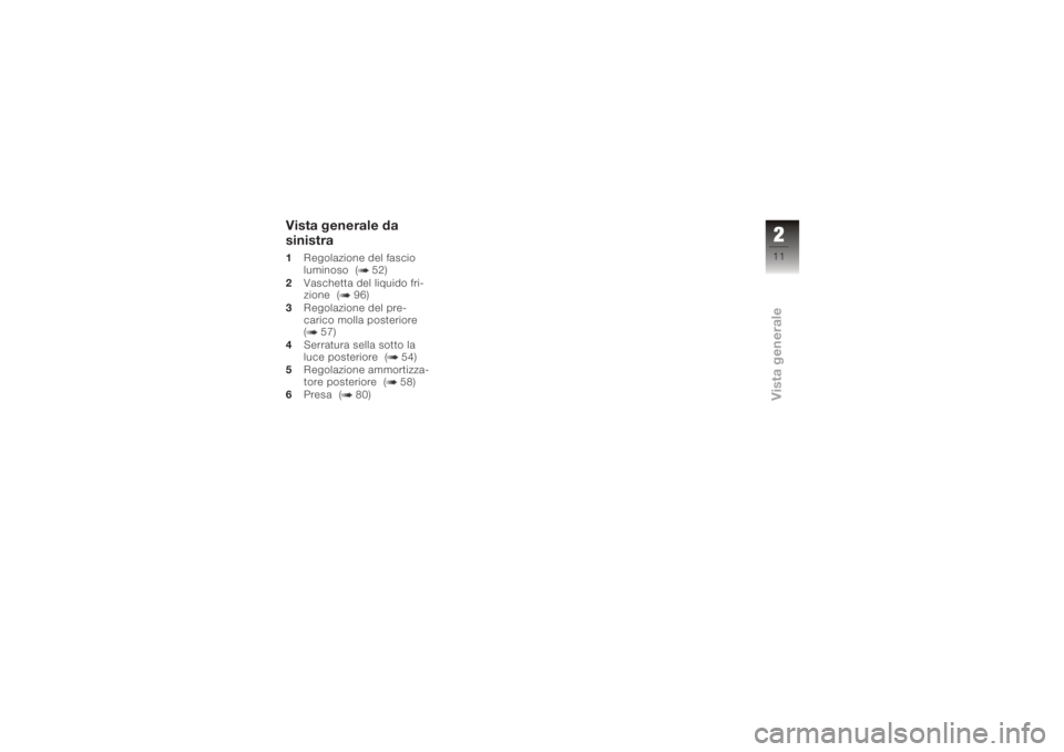 BMW MOTORRAD K 1200 S 2006  Libretto di uso e manutenzione (in Italian) Vista generale da
sinistra1Regolazione del fascio
luminoso ( 52)
2 Vaschetta del liquido fri-
zione ( 96)
3 Regolazione del pre-
carico molla posteriore
( 57)
4 Serratura sella sotto la
luce posterior