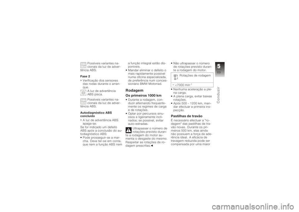 BMW MOTORRAD K 1200 S 2006  Instrukcja obsługi (in Polish) Possíveis variantes na-
cionais da luz de adver-
tência ABS.
Fase 2
Verificação dos sensores
das rodas durante o arran-
que. A luz de advertência
ABS pisca.
Possíveis variantes na-
cionais da lu