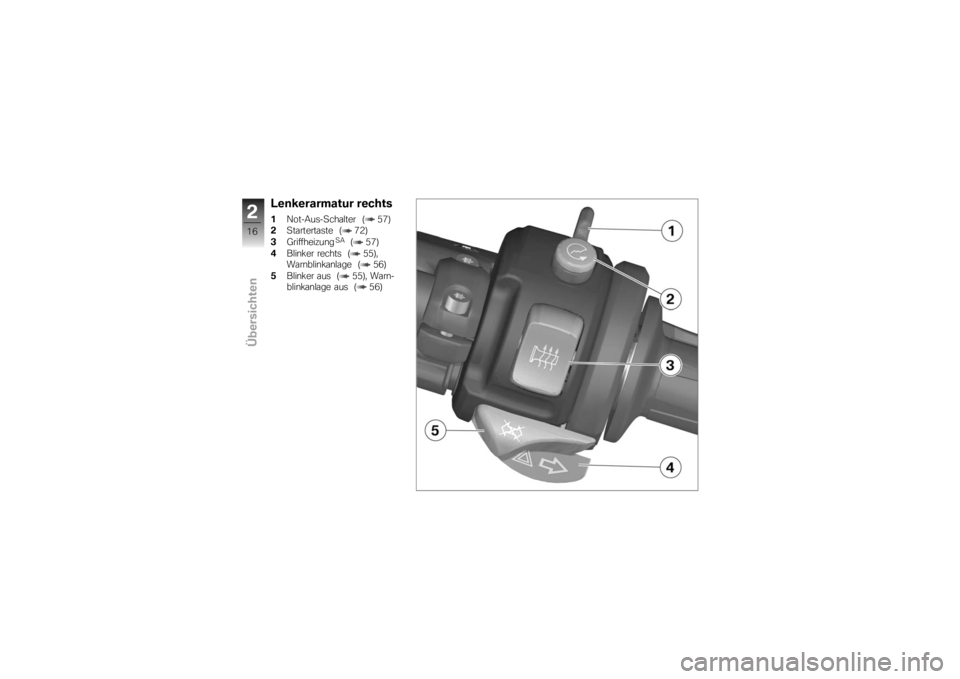 BMW MOTORRAD K 1200 S 2007 Betriebsanleitung (in German) Lenkerarmatur rechts1Not-Aus-Schalter ( 57)
2 Startertaste ( 72)
3 Griffheizung
SA
( 57)
4 Blinker rechts ( 55),
Warnblinkanlage ( 56)
5 Blinker aus ( 55), Warn-
blinkanlage aus ( 56)
216zÜbersichten BMW MOTORRAD K 1200 S 2007 Betriebsanleitung (in German) Lenkerarmatur rechts1Not-Aus-Schalter ( 57)
2 Startertaste ( 72)
3 Griffheizung
SA
( 57)
4 Blinker rechts ( 55),
Warnblinkanlage ( 56)
5 Blinker aus ( 55), Warn-
blinkanlage aus ( 56)
216zÜbersichten