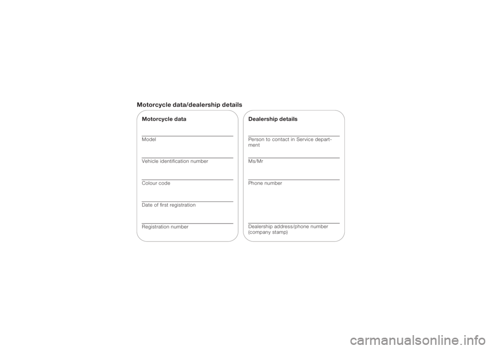 BMW MOTORRAD K 1200 S 2005  Riders Manual (in English) Motorcycle data/dealership detailsMotorcycle dataModel
Vehicle identification number
Colour code
Date of first registration
Registration number
Dealership detailsPerson to contact in Service depart-
m