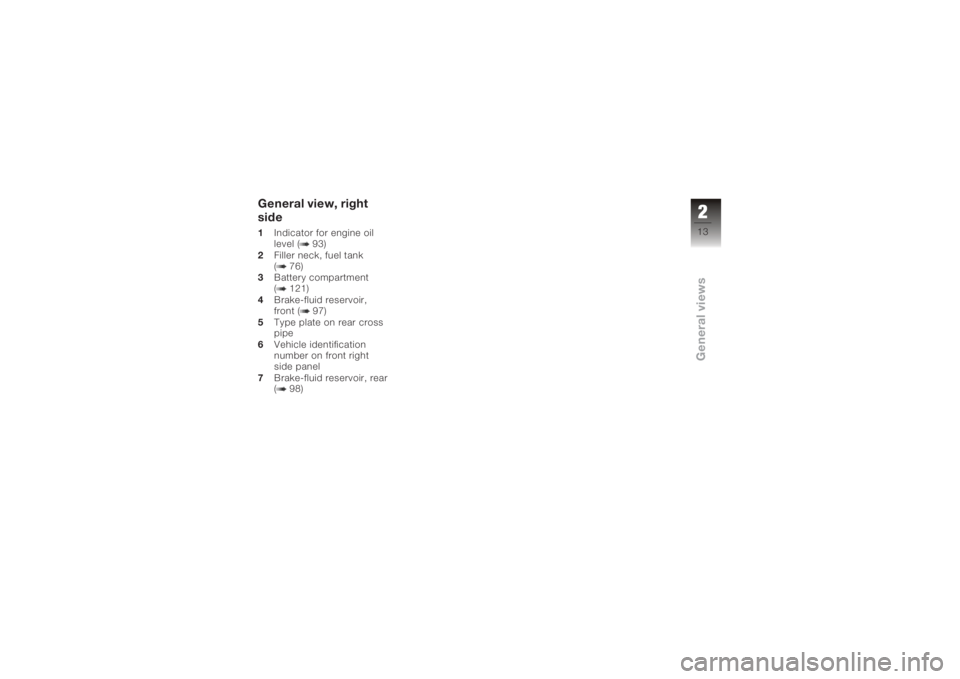 BMW MOTORRAD K 1200 S 2005  Riders Manual (in English) General view, right
side1Indicator for engine oil
level ( 93)
2 Filler neck, fuel tank
( 76)
3 Battery compartment
( 121)
4 Brake-fluid reservoir,
front ( 97)
5 Type plate on rear cross
pipe
6 Vehicle
