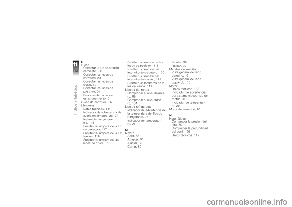 BMW MOTORRAD K 1200 S 2005 Manual de instrucciones (in Spanish) L
LucesConectar la luz de estacio-
namiento., 50
Conectar las luces de
carretera, 50
Conectar las luces de
cruce, 50
Conectar las luces de
posición, 50
Desconectar la luz de
estacionamiento, 51
Luces BMW MOTORRAD K 1200 S 2005 Manual de instrucciones (in Spanish) L
LucesConectar la luz de estacio-
namiento., 50
Conectar las luces de
carretera, 50
Conectar las luces de
cruce, 50
Conectar las luces de
posición, 50
Desconectar la luz de
estacionamiento, 51
Luces