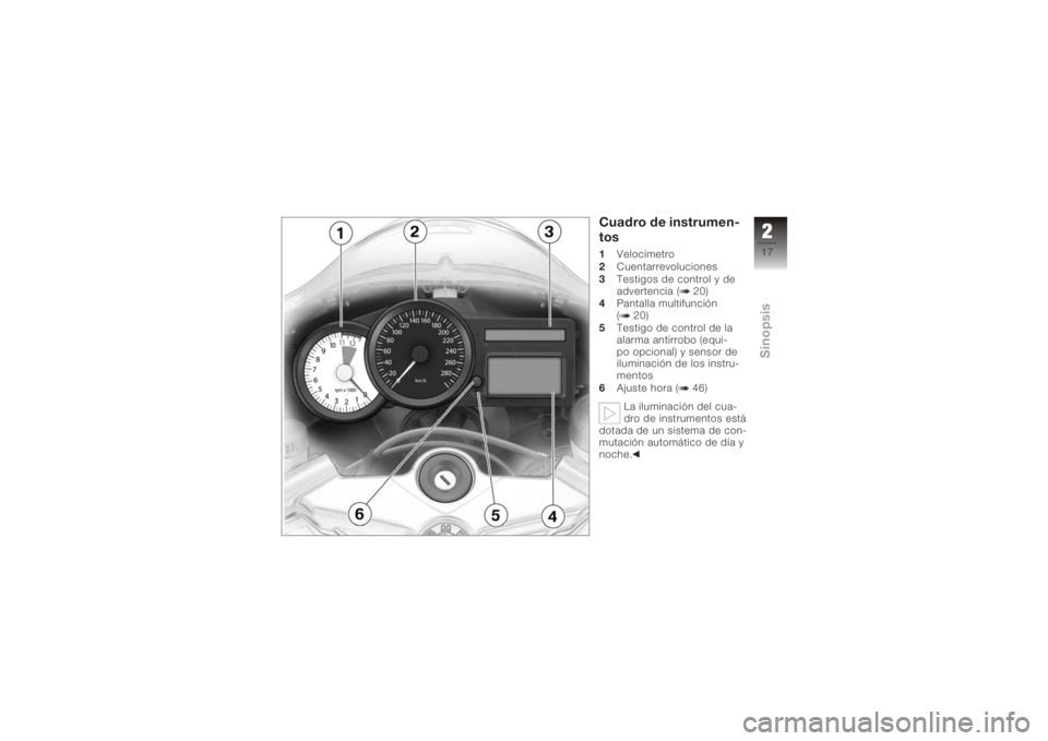BMW MOTORRAD K 1200 S 2005  Manual de instrucciones (in Spanish) Cuadro de instrumen-
tos1Velocímetro
2 Cuentarrevoluciones
3 Testigos de control y de
advertencia ( 20)
4 Pantalla multifunción
( 20)
5 Testigo de control de la
alarma antirrobo (equi-
po opcional) 