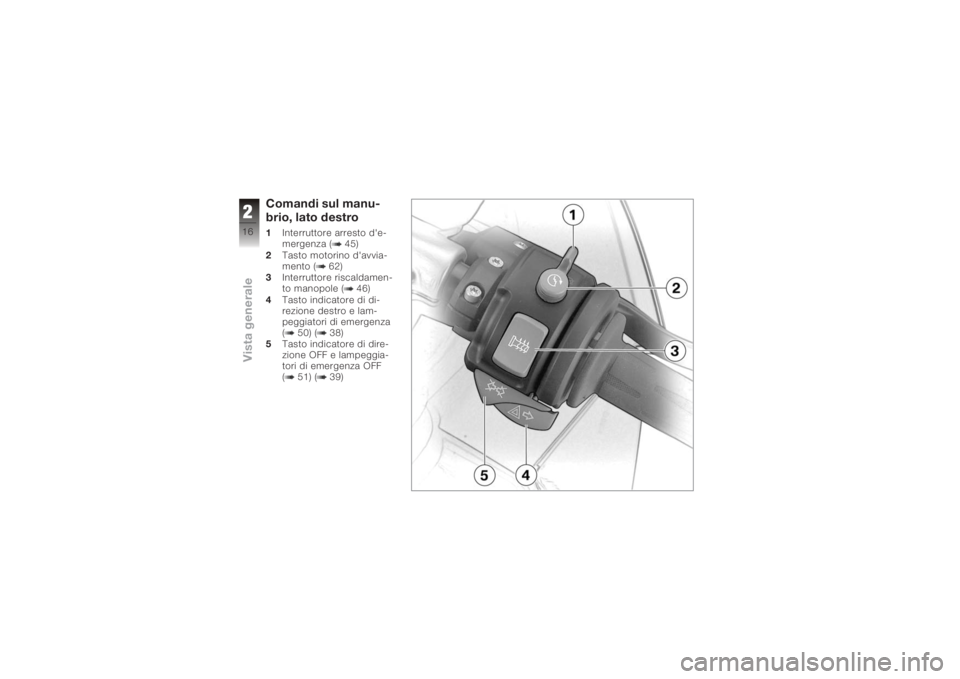 BMW MOTORRAD K 1200 S 2005  Libretto di uso e manutenzione (in Italian) Comandi sul manu-
brio, lato destro1Interruttore arresto d'e-
mergenza ( 45)
2 Tasto motorino d'avvia-
mento ( 62)
3 Interruttore riscaldamen-
to manopole ( 46)
4 Tasto indicatore di di-
rezio