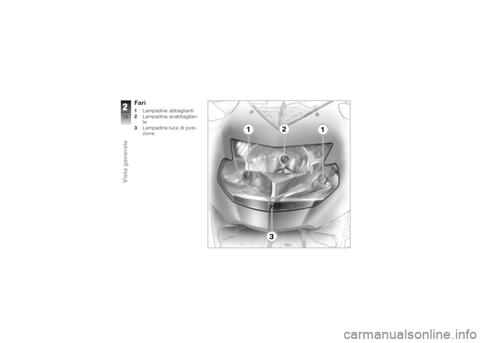 BMW MOTORRAD K 1200 S 2005  Libretto di uso e manutenzione (in Italian) Fari1Lampadine abbaglianti
2 Lampadina anabbaglian-
te
3 Lampadina luce di posi-
zione
218zVista generale 