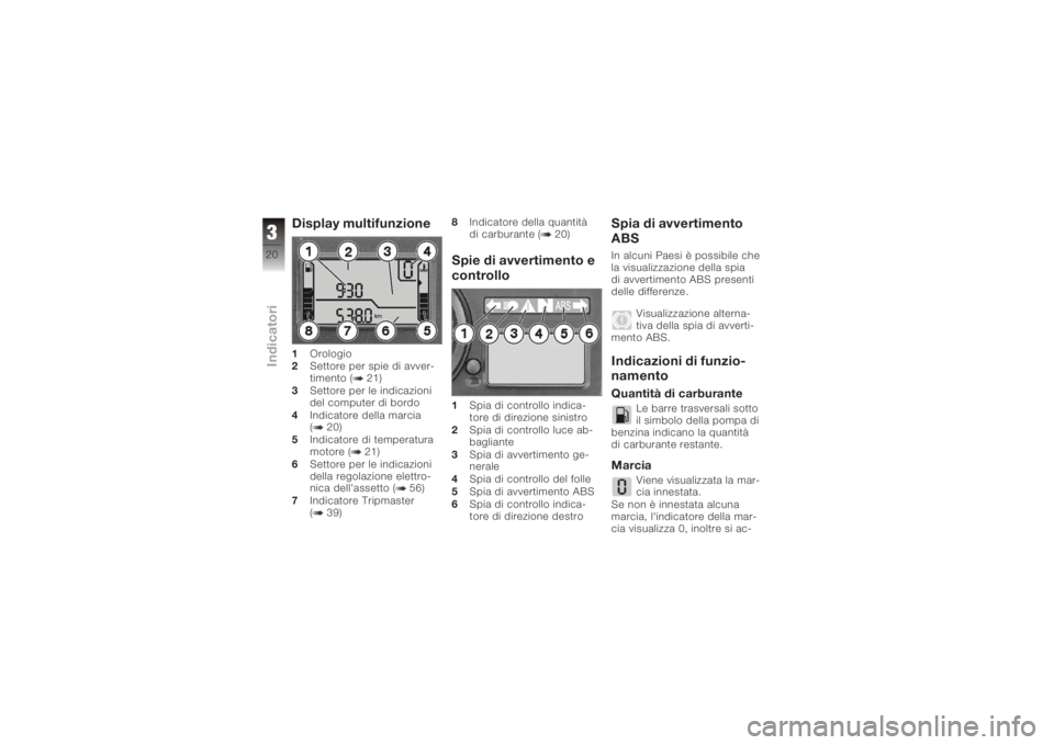 BMW MOTORRAD K 1200 S 2005  Libretto di uso e manutenzione (in Italian) Display multifunzione1Orologio
2 Settore per spie di avver-
timento ( 21)
3 Settore per le indicazioni
del computer di bordo
4 Indicatore della marcia
( 20)
5 Indicatore di temperatura
motore ( 21)
6 