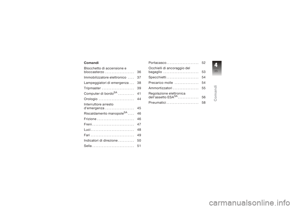 BMW MOTORRAD K 1200 S 2005  Libretto di uso e manutenzione (in Italian) Comandi
Blocchetto di accensione e
bloccasterzo . . ................ 36
Immobilizzatore elettronico .... 37
Lampeggiatori di emergenza . . . 38
Tripmaster .................... 39
Computer di bordo
SA
