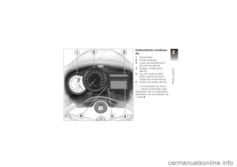 BMW MOTORRAD K 1200 S 2005 Instrukcja obsługi (in Polish) Instrumento combina-
do1Velocímetro
2 Conta-rotações
3 Luzes de advertência e
de controlo ( 20)
4 Display multifunções
( 20)
5 Luz de controlo DWA
(SA) e sensor da ilumi-
nação dos instrumento BMW MOTORRAD K 1200 S 2005 Instrukcja obsługi (in Polish) Instrumento combina-
do1Velocímetro
2 Conta-rotações
3 Luzes de advertência e
de controlo ( 20)
4 Display multifunções
( 20)
5 Luz de controlo DWA
(SA) e sensor da ilumi-
nação dos instrumento