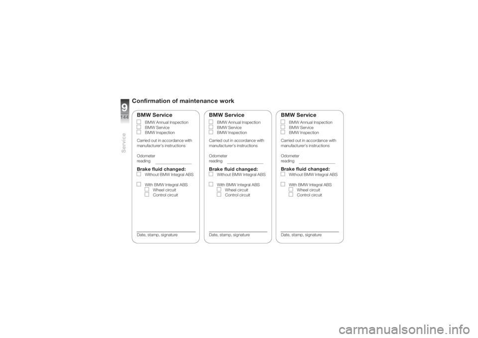 BMW MOTORRAD K 1200 S 2004  Riders Manual (in English) Service9144
Confirmation of maintenance work
BMW Service
BMW Annual Inspection
BMW Service
BMW Inspection
Carried out in accordance with
manufacturer’s instructions
Odometer 
reading
Brake fluid cha
