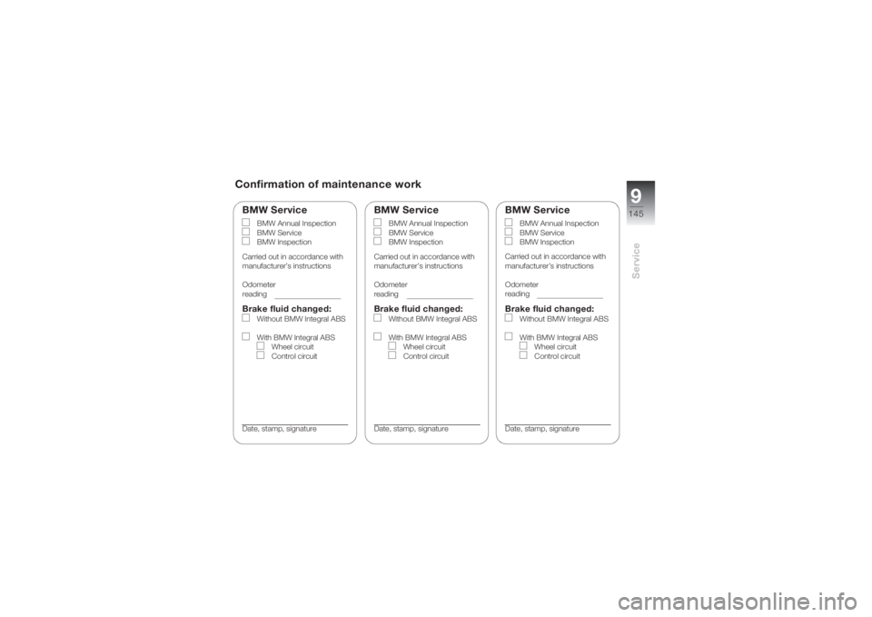 BMW MOTORRAD K 1200 S 2004  Riders Manual (in English) 9145
Service
Confirmation of maintenance work
BMW Service
BMW Annual Inspection
BMW Service
BMW Inspection
Carried out in accordance with
manufacturer’s instructions
Odometer 
reading
Brake fluid ch