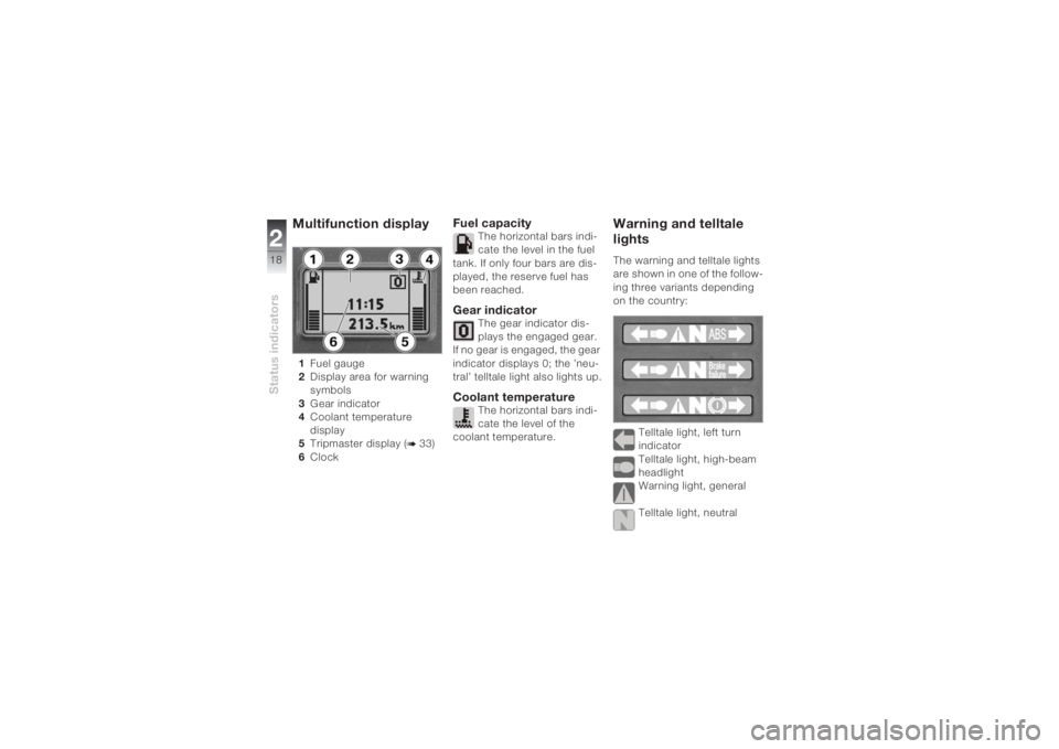BMW MOTORRAD K 1200 S 2004 Riders Manual (in English) Status indicators218
Multifunction display 1Fuel gauge
2Display area for warning
symbols
3Gear indicator
4Coolant temperature
display
5Tripmaster display (
b 33)
6Clock
Fuel capacity
The horizonta BMW MOTORRAD K 1200 S 2004 Riders Manual (in English) Status indicators218
Multifunction display 1Fuel gauge
2Display area for warning
symbols
3Gear indicator
4Coolant temperature
display
5Tripmaster display (
b 33)
6Clock
Fuel capacity
The horizonta