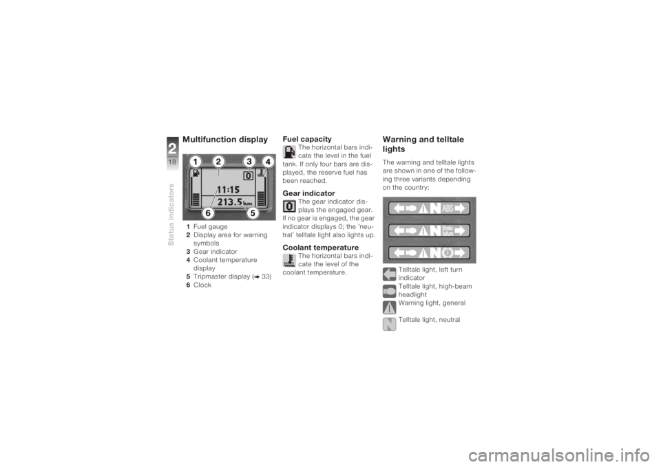 BMW MOTORRAD K 1200 S 2004  Riders Manual (in English) Status indicators218
Multifunction display 1Fuel gauge 
2Display area for warning 
symbols
3Gear indicator
4Coolant temperature 
display
5Tripmaster display (
b 33)
6Clock 
Fuel capacity
The horizonta