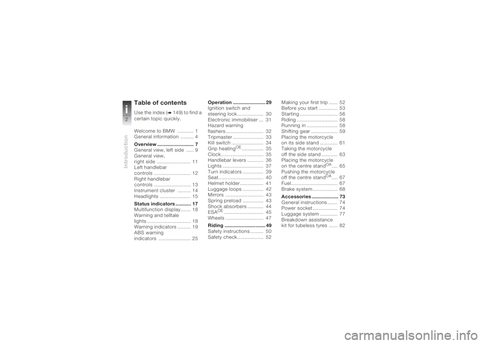 BMW MOTORRAD K 1200 S 2004  Riders Manual (in English) Introductioni2
Table of contentsUse the index (
b 149) to find a 
certain topic quickly.
Welcome to BMW  ........... 1
General information  ......... 4
Overview .......................... 7
General vi