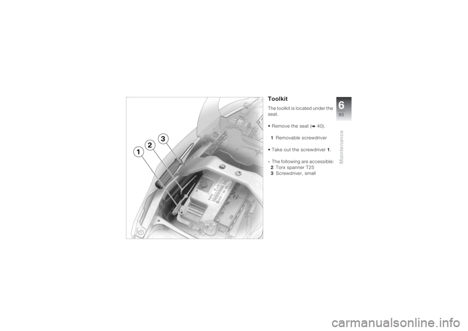 BMW MOTORRAD K 1200 S 2004  Riders Manual (in English) 685Maintenance
Toolkit
ToolkitThe toolkit is located under the 
seat. 
• Remove the seat (
b 40).
1Removable screwdriver
• Take out the screwdriver1.
» The following are accessible:
2Torx spanner