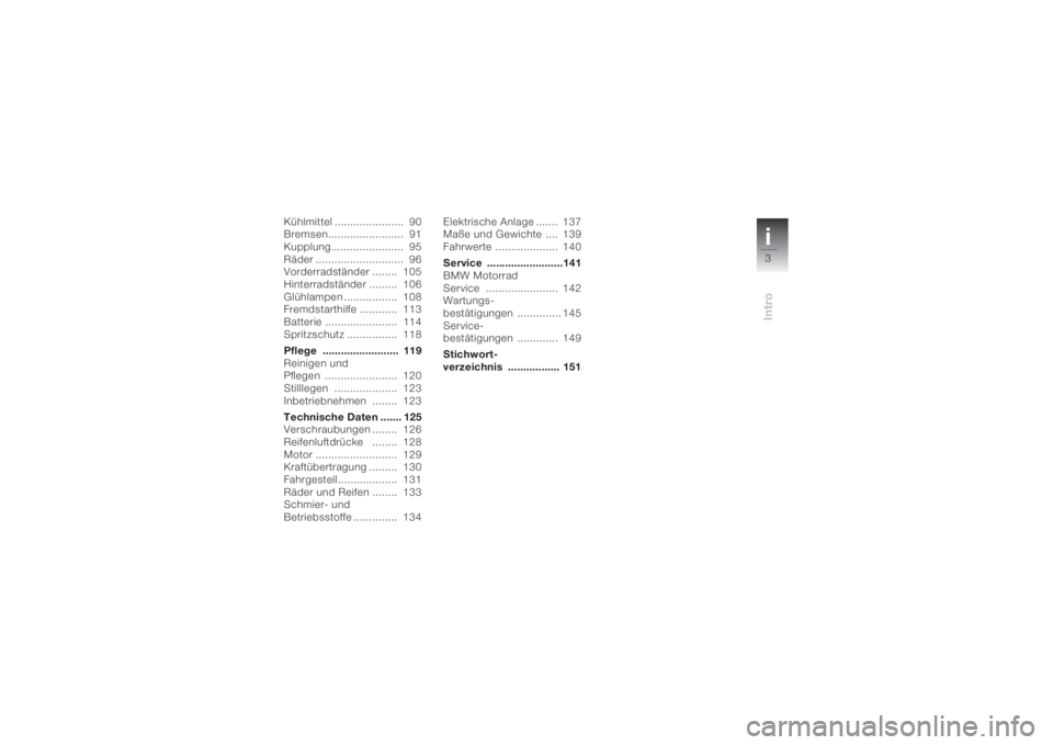 BMW MOTORRAD K 1200 S 2004  Betriebsanleitung (in German) i3Intro
Kühlmittel ......................  90
Bremsen........................  91
Kupplung.......................  95
Räder ............................  96
Vorderradständer ........  105
Hinterrad