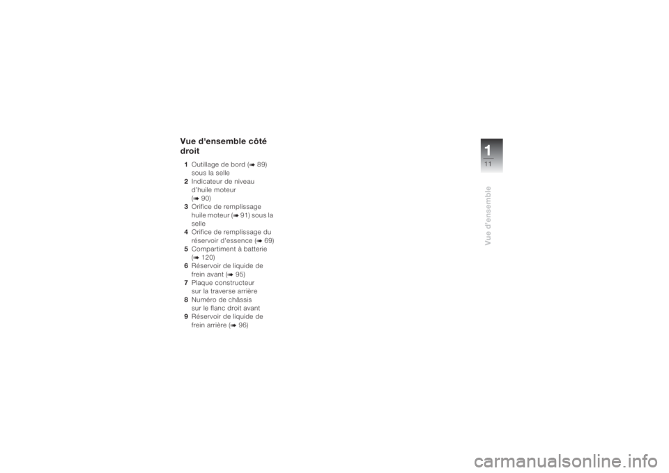 BMW MOTORRAD K 1200 S 2004  Livret de bord (in French) 111Vue d’ensemble
Vue d'ensemble côté 
droit1Outillage de bord (
b 89)
sous la selle 
2Indicateur de niveau 
d’huile moteur 
(
b 90)
3Orifice de remplissage 
huile moteur (
b 91) sous la 
se
