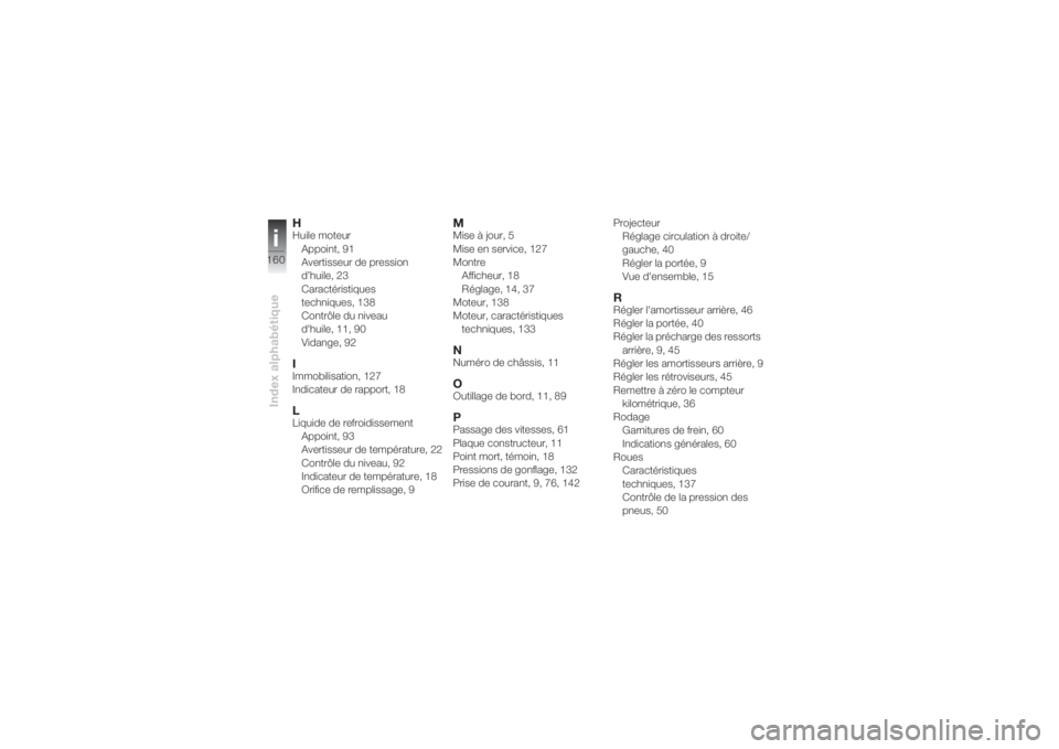 BMW MOTORRAD K 1200 S 2004  Livret de bord (in French) Index alphabétiquei160
HHuile moteur
Appoint, 91
Avertisseur de pression 
d’huile, 23
Caractéristiques 
techniques, 138
Contrôle du niveau 
d'huile, 11, 90
Vidange, 92IImmobilisation, 127
Ind