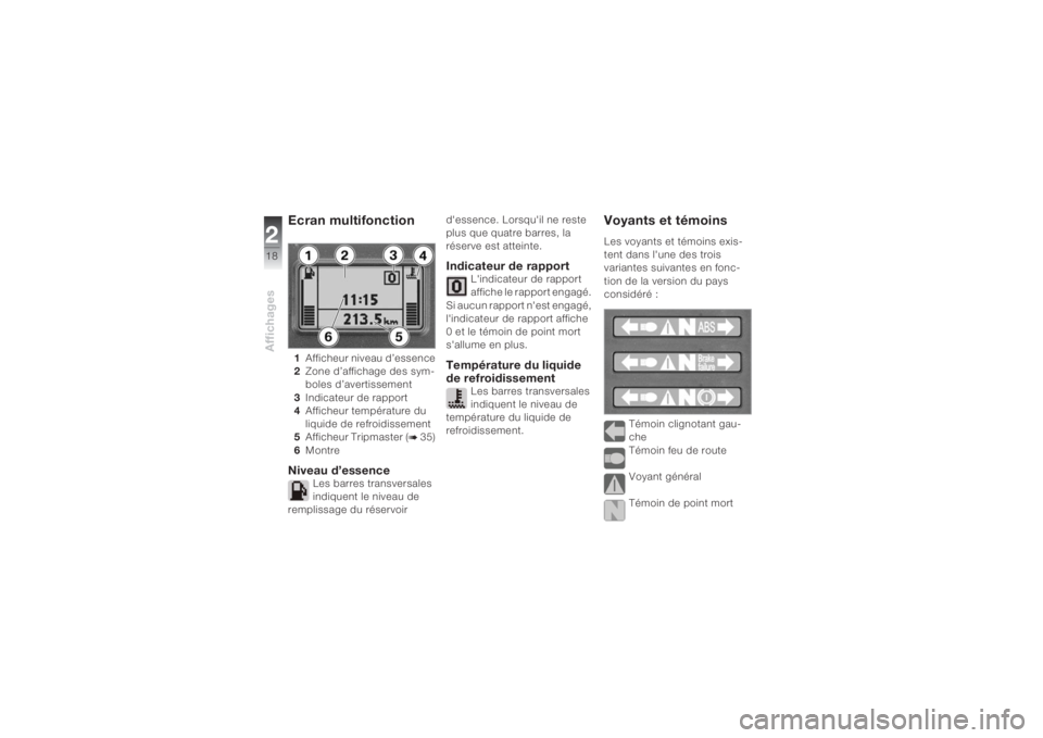 BMW MOTORRAD K 1200 S 2004  Livret de bord (in French) Affichages218
Ecran multifonction 1Afficheur niveau d’essence
2Zone d’affichage des sym-
boles d’avertissement
3Indicateur de rapport
4Afficheur température du 
liquide de refroidissement
5Affi