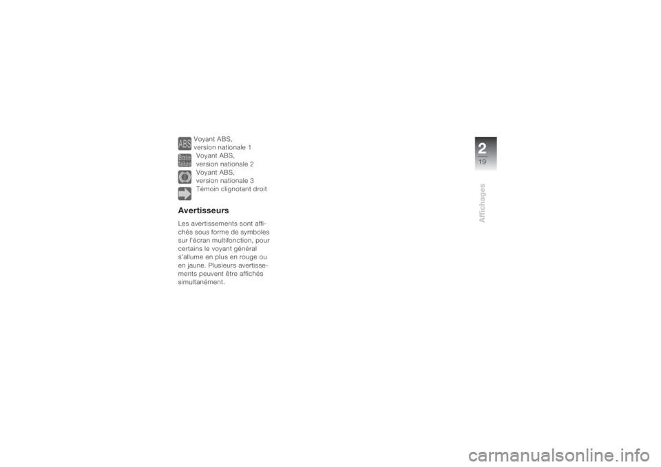 BMW MOTORRAD K 1200 S 2004  Livret de bord (in French) 219Affichages
Voyant ABS, 
version nationale 1 
Voyant ABS, 
version nationale 2
Voyant ABS, 
version nationale 3
Témoin clignotant droit
AvertisseursLes avertissements sont affi-
chés sous forme de