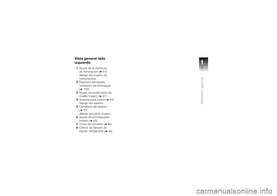 BMW MOTORRAD K 1200 S 2004  Manual de instrucciones (in Spanish) 19Resumen general
Vista general lado 
izquierdo1Ajuste de la distancia 
de iluminación (
b 41) 
debajo del cuadro de 
instrumentos 
2Depósito del líquido 
hidráulico del embrague
(
b 100)
3Ajuste 