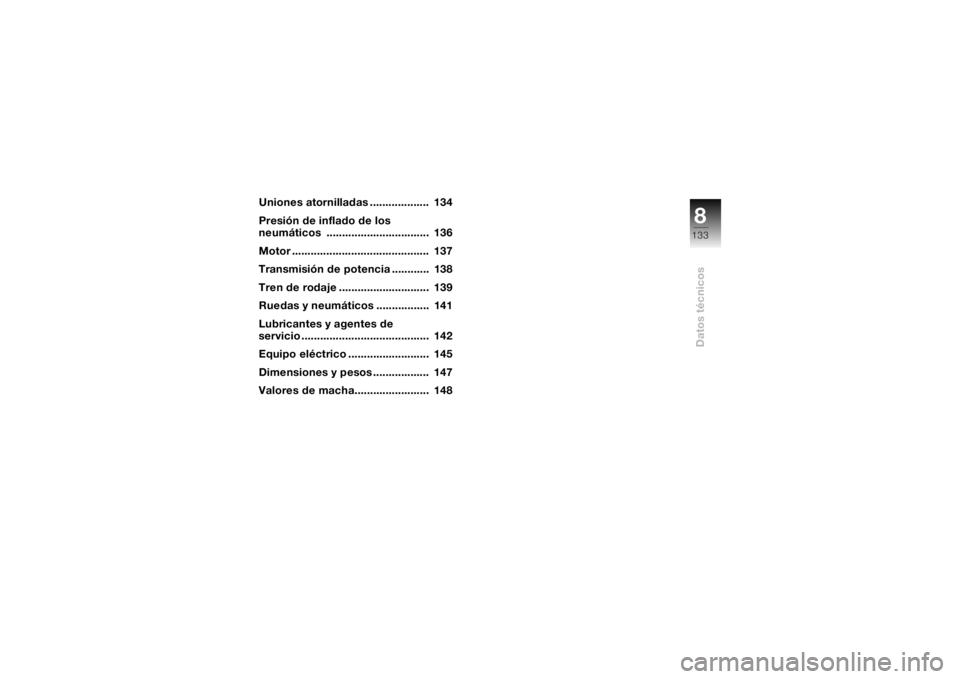 BMW MOTORRAD K 1200 S 2004 Manual de instrucciones (in Spanish) 8133
Datos técnicos
Uniones atornilladas ................... 134
Presión de inflado de los
neumáticos ................................. 136
Motor ............................................ 13 BMW MOTORRAD K 1200 S 2004 Manual de instrucciones (in Spanish) 8133
Datos técnicos
Uniones atornilladas ................... 134
Presión de inflado de los
neumáticos ................................. 136
Motor ............................................ 13