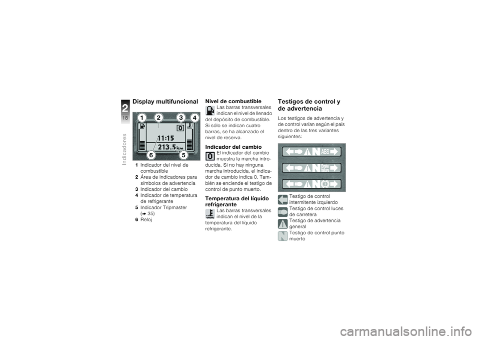 BMW MOTORRAD K 1200 S 2004  Manual de instrucciones (in Spanish) Indicadores218
Display multifuncional 1Indicador del nivel de 
combustible
2Área de indicadores para 
símbolos de advertencia
3Indicador del cambio
4Indicador de temperatura 
de refrigerante
5Indica