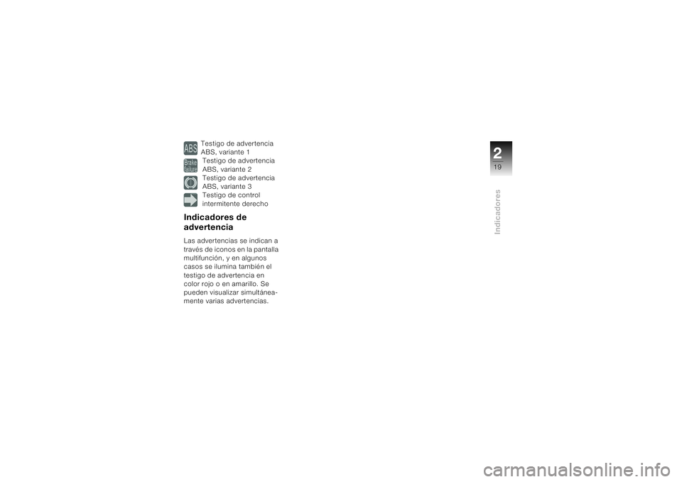 BMW MOTORRAD K 1200 S 2004  Manual de instrucciones (in Spanish) 219Indicadores
Testigo de advertencia 
ABS, variante 1 
Testigo de advertencia 
ABS, variante 2
Testigo de advertencia 
ABS, variante 3
Testigo de control 
intermitente derecho
Indicadores de 
adverte