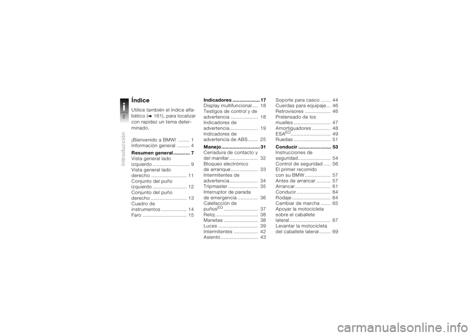 BMW MOTORRAD K 1200 S 2004  Manual de instrucciones (in Spanish) Introduccióni2
ÍndiceUtilice también el índice alfa-
bético (
b 161), para localizar 
con rapidez un tema deter-
minado.
¡Bienvenido a BMW!  ........ 1
Información general ......... 4
Resumen g