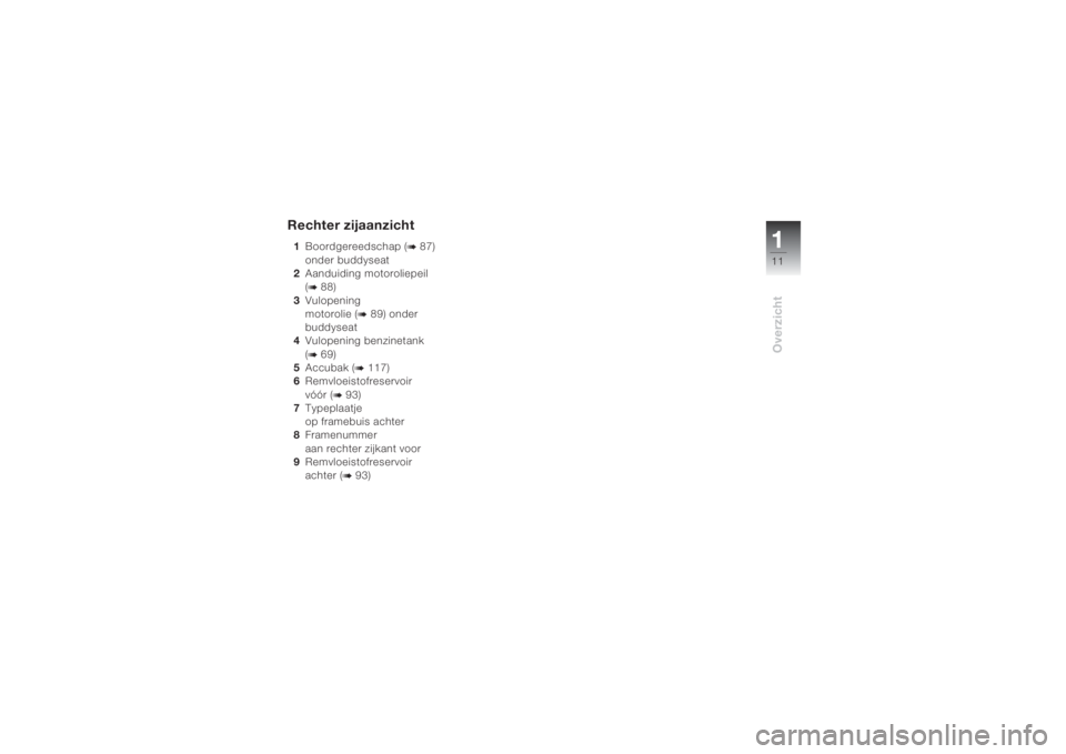 BMW MOTORRAD K 1200 S 2004  Handleiding (in Dutch) 111Overzicht
Rechter zijaanzicht1Boordgereedschap (
b 87)
onder buddyseat 
2Aanduiding motoroliepeil 
(
b 88)
3Vulopening
motorolie (
b 89) onder
buddyseat 
4Vulopening benzinetank 
(
b 69)
5Accubak (