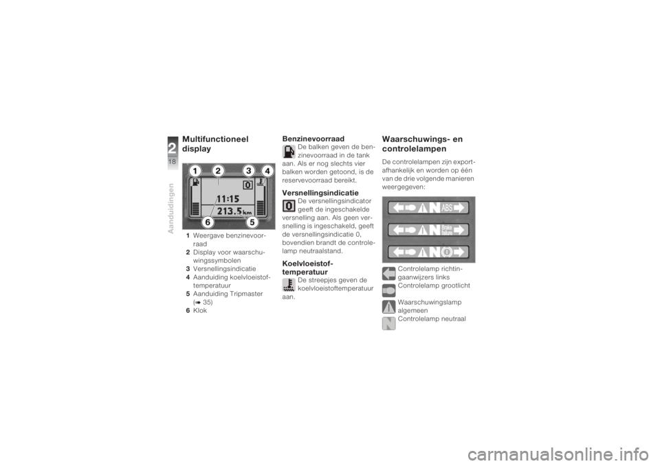 BMW MOTORRAD K 1200 S 2004  Handleiding (in Dutch) Aanduidingen218
Multifunctioneel 
display 1Weergave benzinevoor-
raad
2Display voor waarschu-
wingssymbolen
3Versnellingsindicatie
4Aanduiding koelvloeistof-
temperatuur
5Aanduiding Tripmaster 
(
b 35
