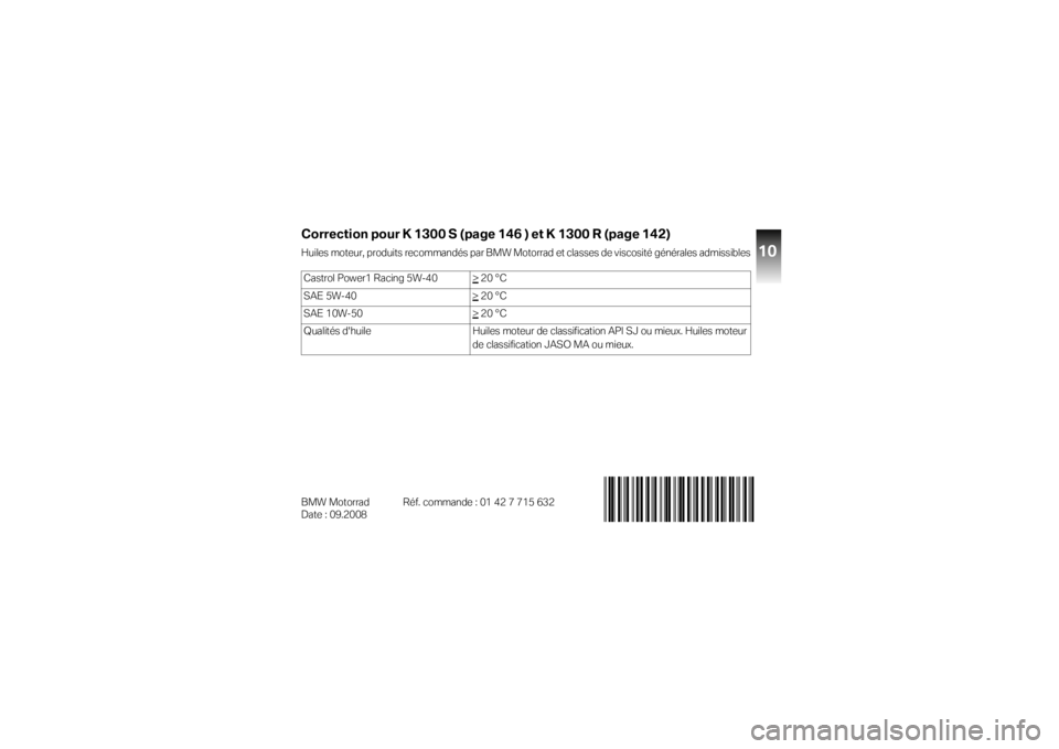 BMW MOTORRAD K 1300 S 2008  Livret de bord (in French) Correction pour K 1300 S (page 146 ) et K 1300 R (page 142) 
10
BMW Motorrad Réf. commande : 01 42 7 715 632 
Date : 09.2008  
01427715632
01427715632
Huiles moteur, produits recommandés par BMW Mot