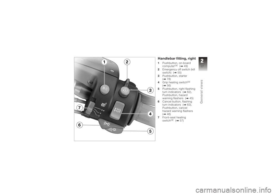 BMW MOTORRAD K 1200 GT 2006  Riders Manual (in English) Handlebar fitting, right1Pushbutton, on-board
computer
OE
( 49)
2 Emergency off switch (kill
switch) ( 55)
3 Pushbutton, starter
( 78)
4 Grip heating switch
OE
( 56)
5 Pushbutton, right flashing
turn 