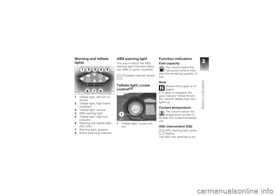 BMW MOTORRAD K 1200 GT 2006 Riders Manual (in English) Warning and telltale
lights1Telltale light, left turn in-
dicator
2 Telltale light, high-beam
headlight
3 Telltale light, neutral
4 ABS warning light
5 Telltale light, right turn
indicator
6 Warning a BMW MOTORRAD K 1200 GT 2006 Riders Manual (in English) Warning and telltale
lights1Telltale light, left turn in-
dicator
2 Telltale light, high-beam
headlight
3 Telltale light, neutral
4 ABS warning light
5 Telltale light, right turn
indicator
6 Warning a