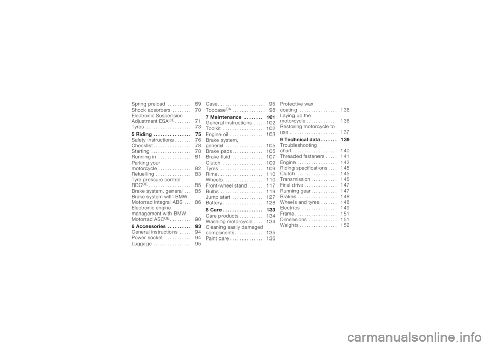 BMW MOTORRAD K 1200 GT 2006  Riders Manual (in English) Spring preload.......... 69
Shock absorbers . . . . . . . . 70
Electronic Suspension
Adjustment ESA
OE
....... 71
Tyres . . ................. 73
5 Riding . . . . . . .......... 75
Safety instructions 