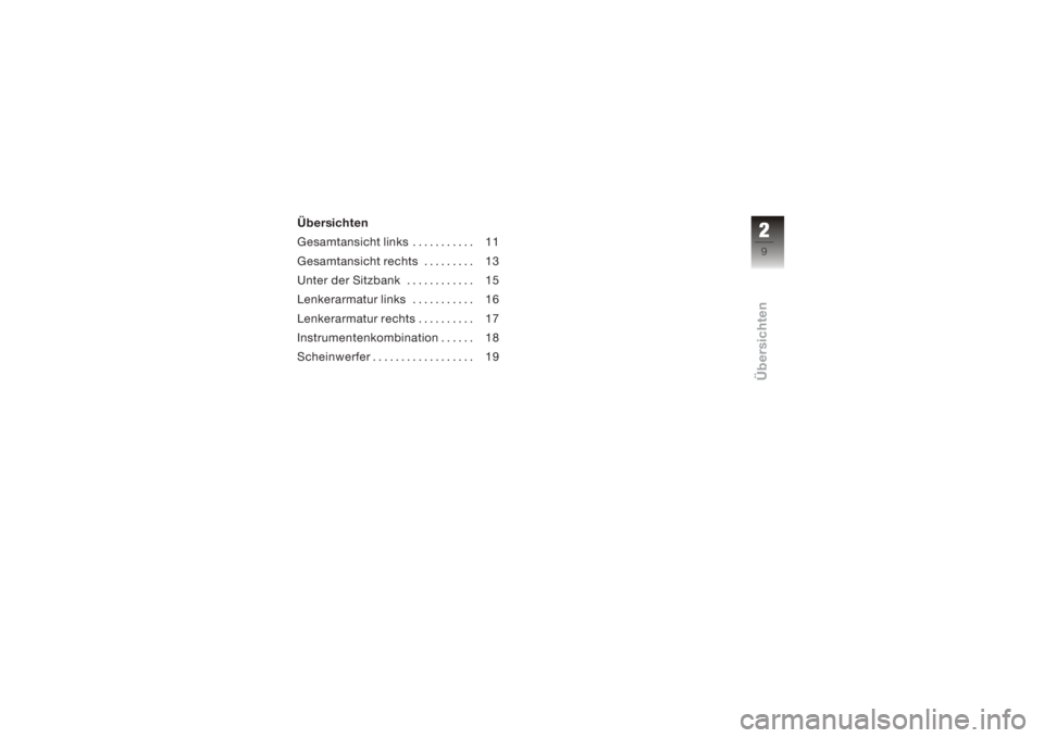 BMW MOTORRAD K 1200 GT 2006  Betriebsanleitung (in German) Übersichten
Gesamtansicht links . . . . . . . . . . . 11
Gesamtansicht rechts . . . . . . . . . 13
Unter der Sitzbank . . . . . . . . . . . . 15
Lenkerarmatur links . . . . . . . . . . . 16
Lenkerarm