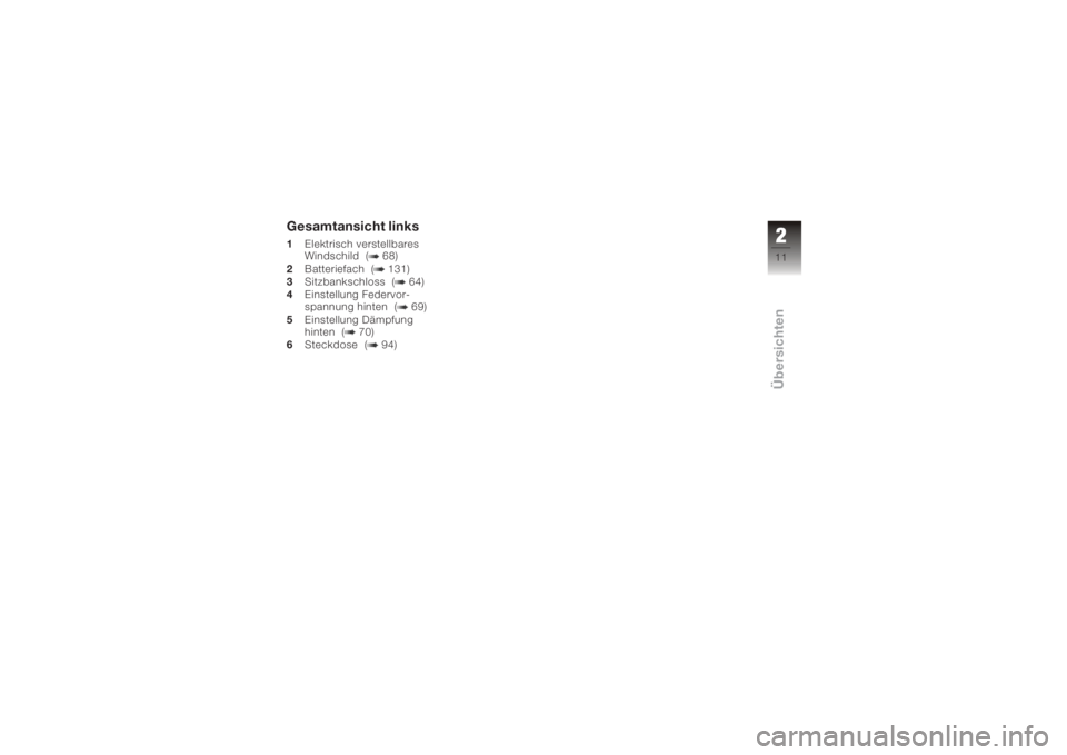 BMW MOTORRAD K 1200 GT 2006  Betriebsanleitung (in German) Gesamtansicht links1Elektrisch verstellbares
Windschild ( 68)
2 Batteriefach ( 131)
3 Sitzbankschloss ( 64)
4 Einstellung Federvor-
spannung hinten ( 69)
5 Einstellung Dämpfung
hinten ( 70)
6 Steckdo